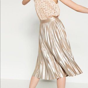 Zara Gold Metallic Pleated Accordion Midi Skirt